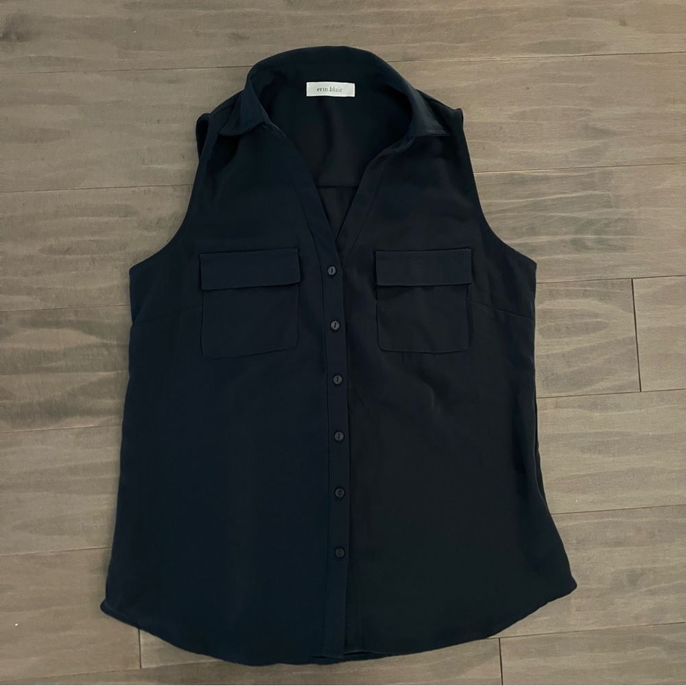 Erin Blair Sleeveless Top Blouse Tank Top Loose Pockets Small Navy Blue
